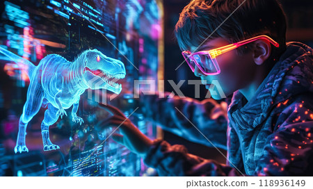 A kid boy enjoys interacting with a holographic dinosaur. The concept of the excitement of blending technology with play and learning through augmented reality. Generative AI. 118936149
