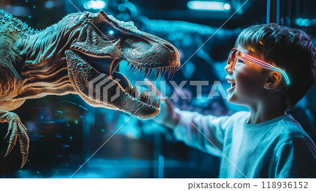 A kid boy enjoys interacting with a holographic dinosaur. The concept of the excitement of blending technology with play and learning through augmented reality. Generative AI. 118936152