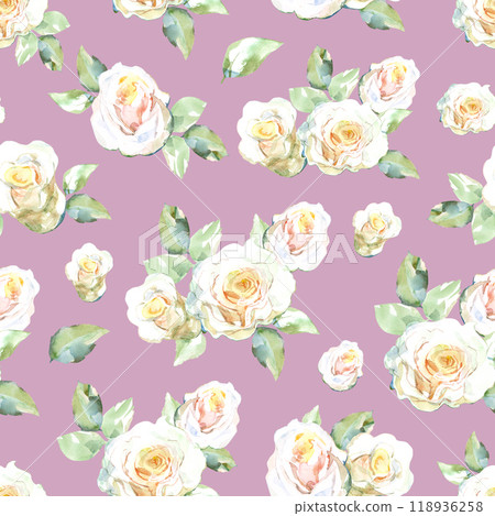 Seamless pattern of white roses bouquets with green leaves in collection garden flowers. Watercolor illustration for floral design of fabrics, kitchen towel, textiles, weaving, wallpaper, wrapping 118936258