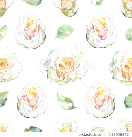 Seamless pattern of white roses with green leaves in collection garden flowers. Watercolor illustration for floral design of fabrics, kitchen towel, textiles, weaving, wallpaper, wrapping paper. Hand 118936262