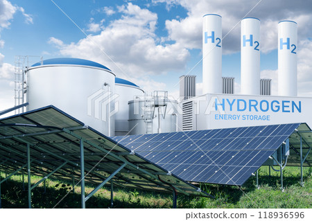 Hydrogen factory with energy storage concept. Green hydrogen production from renewable energy sources 118936596