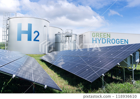 Hydrogen factory with energy storage concept. Green hydrogen production from renewable energy sources Hydrogen factory with energy storage concept. Green hydrogen production from renewable energy sources 118936610
