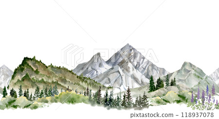 Scenery landscape of mountain range snowy peaks, crags cliffs rocks alpine vista, coniferous forest hand drawn in watercolor. Seamless banner. For tourism, resort ads, hiking camping sites, vacation. Scenery landscape of mountain range snowy peaks, crags cliffs rocks alpine vista, coniferous forest hand drawn in watercolor. Seamless banner. For tourism, resort ads, hiking camping sites, vacation. 118937078