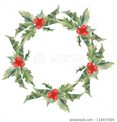 Holly evergreen leaves with red berries rosette. Watercolor hand drawn illustration, wreath chaplet frame isolated on white. Xmas, happy new year festive, noel navidad. Print paper, textile fabric 118937089