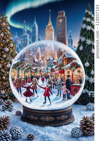 Families ice skating in snow globe celebrating Christmas in New York city 118937103