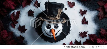 Halloween Concept Banner with Spooky Snowman and Dark Leaves Halloween Concept Banner with Spooky Snowman and Dark Leaves 118937115