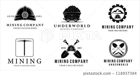 set of mining logo vector vintage illustration template design . mining cart helmet shovel trowel pickax or pickaxe tools logo bundle collection mining concept illustration design set of mining logo vector vintage illustration template design . mining cart helmet shovel trowel pickax or pickaxe tools logo bundle collection mining concept illustration design 118937384