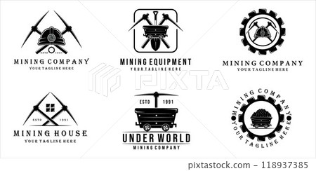 set of mining logo vector vintage illustration template design . mining cart helmet shovel trowel pickax or pickaxe tools logo bundle collection mining concept illustration design set of mining logo vector vintage illustration template design . mining cart helmet shovel trowel pickax or pickaxe tools logo bundle collection mining concept illustration design 118937385