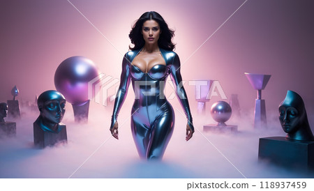 Futuristic woman walking in vaporwave landscape with statues and geometric shapes 118937459