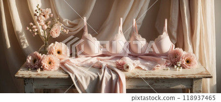 Pink lace bras and underwear lying on rustic table with flower bouquet advertising banner concept 118937465