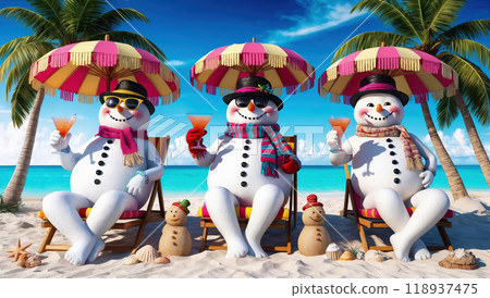Three snowmen relaxing on beach chairs under umbrellas on a tropical beach are having cocktails 118937475