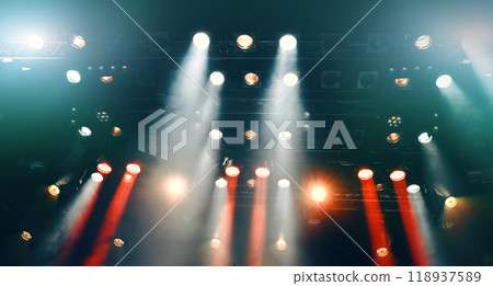 glowing ceiling spotlights lights the stage glowing ceiling spotlights lights the stage 118937589