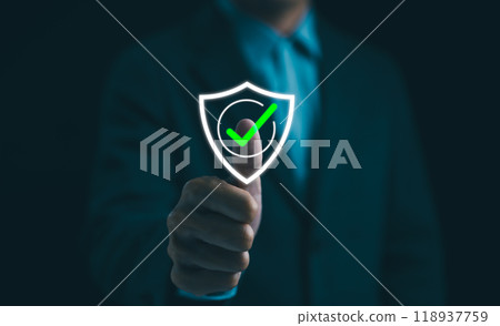 Businessman touching standard quality control certification assurance guarantee for automation process. Quality management with Quality Assurance, Quality Control, Standardization, health insurance, 118937759