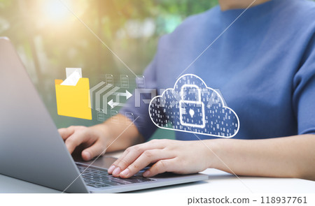 Person Managing Secure Cloud Data Transfer. An individual uses laptop to manage secure data transfer to cloud, virtual lock, representing robust cybersecurity measures. File storage, Manage folders, Person Managing Secure Cloud Data Transfer. An individual uses laptop to manage secure data transfer to cloud, virtual lock, representing robust cybersecurity measures. File storage, Manage folders, 118937761
