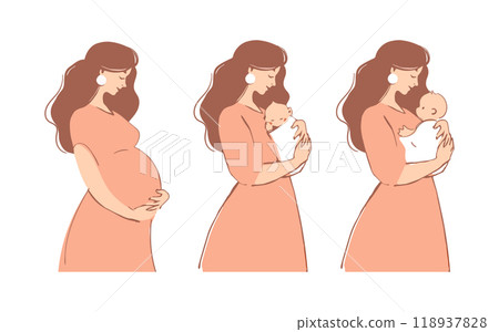 Maternity stages flat icon set. Pregnant woman, mommy hugging a newborn baby, sleeping toddler. Vector isolated on white. Pregnancy character, mother s day card. 118937828
