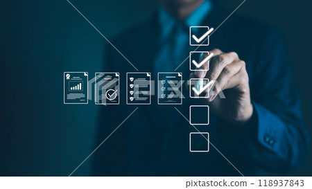 Quality Assurance and Document Control with Checklist Icons. Businessman mark off items on digital checklist, representing quality assurance and document control processes, verification and compliance Quality Assurance and Document Control with Checklist Icons. Businessman mark off items on digital checklist, representing quality assurance and document control processes, verification and compliance 118937843