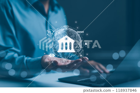 Digital Banking and Financial Technology Concept. A person presents digital banking and financial technology icons, and currency symbols, emphasizing modern online payment systems and e-commerce. 118937846