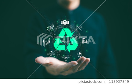 Recycling icon, Sustainable Development Concept. Man present glowing recycling, surrounded by various sustainability symbol, representing concepts of eco-friendly practices and sustainable development 118937849