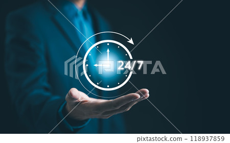 Nonstop service 24 hr concept. businessman hand holding virtual 24-7 with clock on hand for worldwide nonstop and full-time available contact of service concept. Assistance customer services, Nonstop service 24 hr concept. businessman hand holding virtual 24-7 with clock on hand for worldwide nonstop and full-time available contact of service concept. Assistance customer services, 118937859