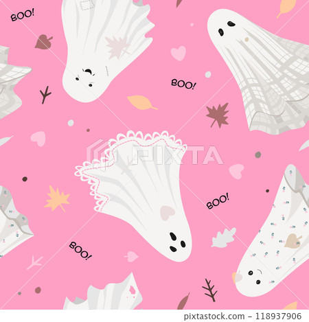 Cute ghost boo holiday character seamless pattern. Vector Halloween illustration on pink background. Cute ghost boo holiday character seamless pattern. Vector Halloween illustration on pink background. 118937906