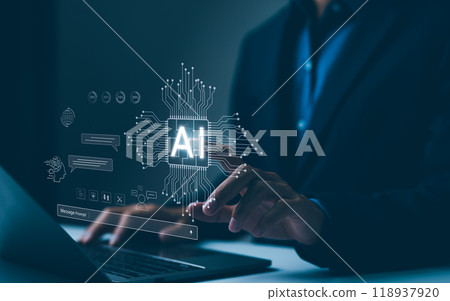 Chat with AI or Artificial Intelligence technology. Man touching chatting virtual with an intelligent artificial intelligence asks for answers he wants. Smart assistant futuristic, Chatbot, Chat ai, 118937920