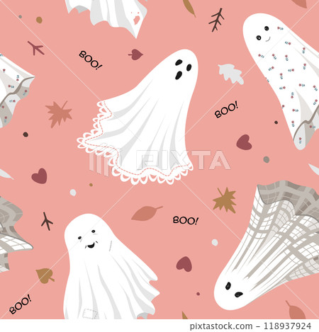 Cute ghost boo holiday character seamless pattern. Vector Halloween illustration on old pink background. 118937924