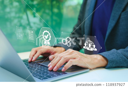 Standard quality control certification assurance guarantee concept. Business person working with laptop and approve certificate. Quality assurance QA, Quality control QC, Compliance with regulations, 118937927