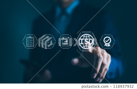 ISO Standards and Quality Assurance Concept. Businessman interact with virtual icons representing ISO standard, quality control, assurance, and certification, illustrating business technology concepts 118937932