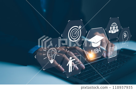 MBA Master of Business Administration Education concept. A person types on a laptop with virtual icons representing MBA education, including graduation cap, target, light bulb, teamwork, and books. MBA Master of Business Administration Education concept. A person types on a laptop with virtual icons representing MBA education, including graduation cap, target, light bulb, teamwork, and books. 118937935