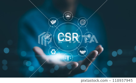 CSR Concept. Corporate Social Responsibility, A person presents CSR related icons, sustainability, ethics, community, corporate social responsibility, social, and environmental concerns in business. 118937945