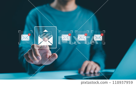 Email notification management concept. Checking digital email, A person with new email notification icons on a digital interface, email communication, messaging alerts, and online correspondence. Email notification management concept. Checking digital email, A person with new email notification icons on a digital interface, email communication, messaging alerts, and online correspondence. 118937959