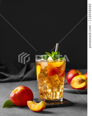 Refreshing peach iced mint tea. The concept of a healthy homemade cold summer drink 118938089