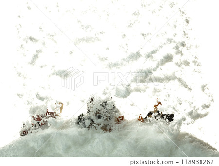 Snow fall cover house over white background isolated. Winter snow storm falling on house like avalanche from climate change extreme weather disaster 118938262