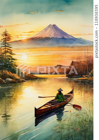 A person canoeing on a lake with a view of Mt. Fuji in autumn when the leaves change color 118938395