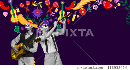 Contemporary art collage. Musicians play instruments as vibrant Day of Dead decorations swirl around them. Festive mood. 118938414