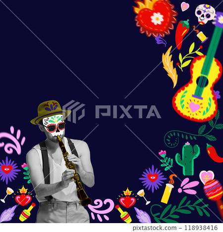 Contemporary art collage. Musician in Day of Dead makeup plays clarinet, surrounded by festive swirl of musical instruments, skulls, and colorful decorations. 118938416