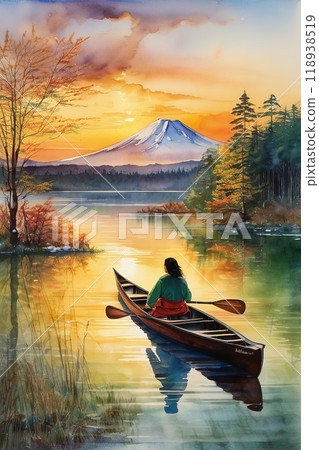 秋葉期間，一個人在湖上劃獨木舟，欣賞富士山的景色 118938519