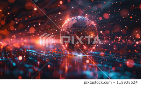 Digital globe with red and blue particles. Global connectivity, data networks, AI, and communication 118938624