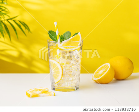 A glass of cold lemonade with lemon, mint and ice on a yellow and white background  118938710