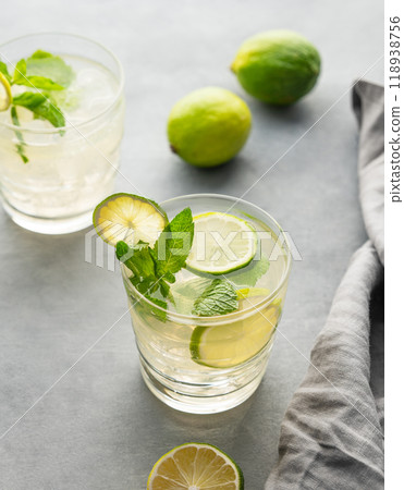 lime mojito with mint and ice in a glass close up. Refreshing citrus cocktail on a light background lime mojito with mint and ice in a glass close up. Refreshing citrus cocktail on a light background 118938756