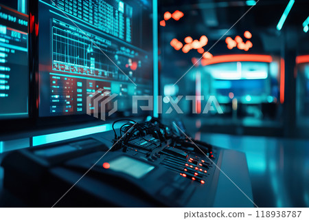 Financial news broadcast in a modern newsroom with advanced technology and vibrant lights. 118938787