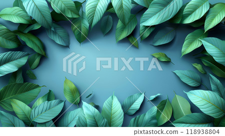 Fresh green leaves on teal background, perfect for natural product display or branding 118938804