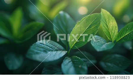 Fresh green leaves with dewdrops in soft sunlight, ideal for natural and eco-friendly designs Fresh green leaves with dewdrops in soft sunlight, ideal for natural and eco-friendly designs 118938823