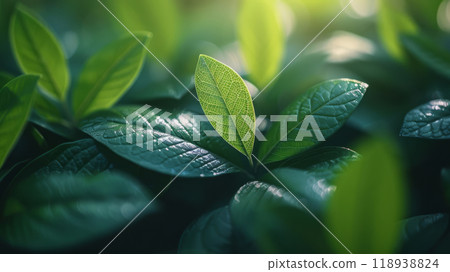 Green leaves with sunlight, symbolizing freshness and new beginnings 118938824