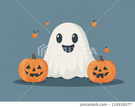 Cute cartoon Halloween ghost with pumpkin Jack-o'-lantern. 118938877
