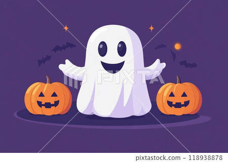 Cute cartoon Halloween ghost with pumpkin Jack-o'-lantern. Cute cartoon Halloween ghost with pumpkin Jack-o'-lantern. 118938878