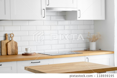 Wooden oak countertop with free space to display or advertise a product or food Wooden oak countertop with free space to display or advertise a product or food 118939195