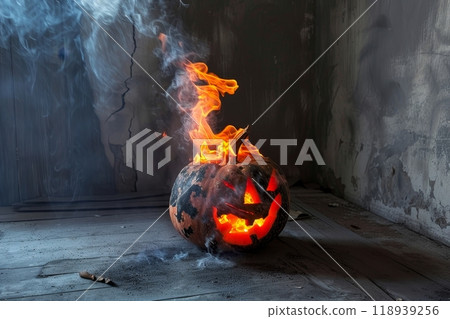 Close up of a halloween pumpkin consumed by flames and smoke against a dark background 118939256