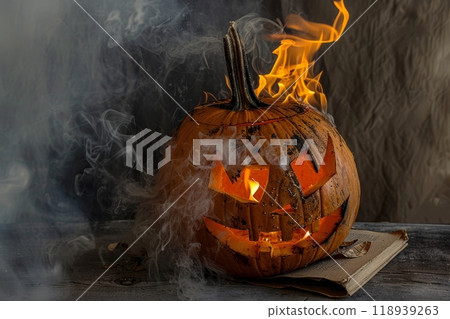 Close up of a halloween pumpkin ablaze in flames and smoke against a dark backdrop 118939263