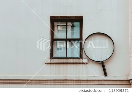 Close up of a magnifying glass isolated on a white background for clarity and focus 118939271